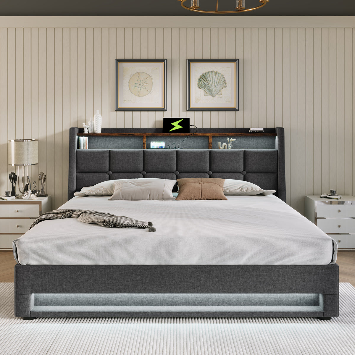 NYBOPAVIS Queen Size Upholstered Bed Frame with Lift Up Hydraulic Storage, USB Charging & LED Lighting, Wooden Platform Bed, Grey