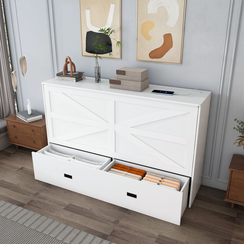 NYBOPAVIS Full Size Murphy Wall Bed with Drawer, USB Ports and Mattress, Folding Storage Wall Bed Furniture with Swivel Casters for Bedroom, Office, Guest Room, White