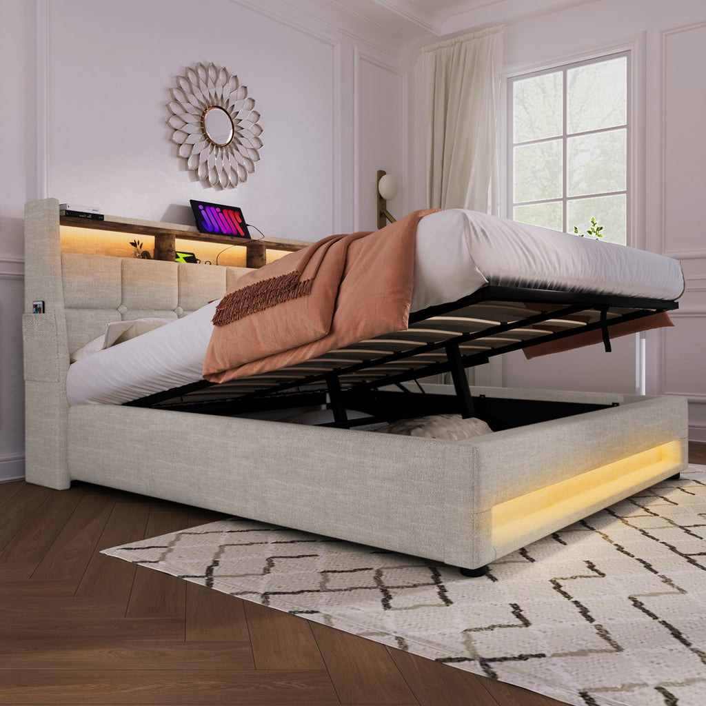NYBOPAVIS Queen Size Upholstered Bed Frame with Lift Up Hydraulic Storage, USB Charging & LED Lighting, Wooden Platform Bed, Natural