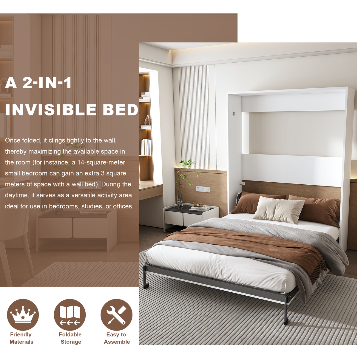 NYBOPAVIS Queen Murphy bed, 65-inch foldable wall bed with metal bed frame, solid wood support slats Multifunctional Storage Cabinet Bed for Bedroom, Guest Room, Office,White