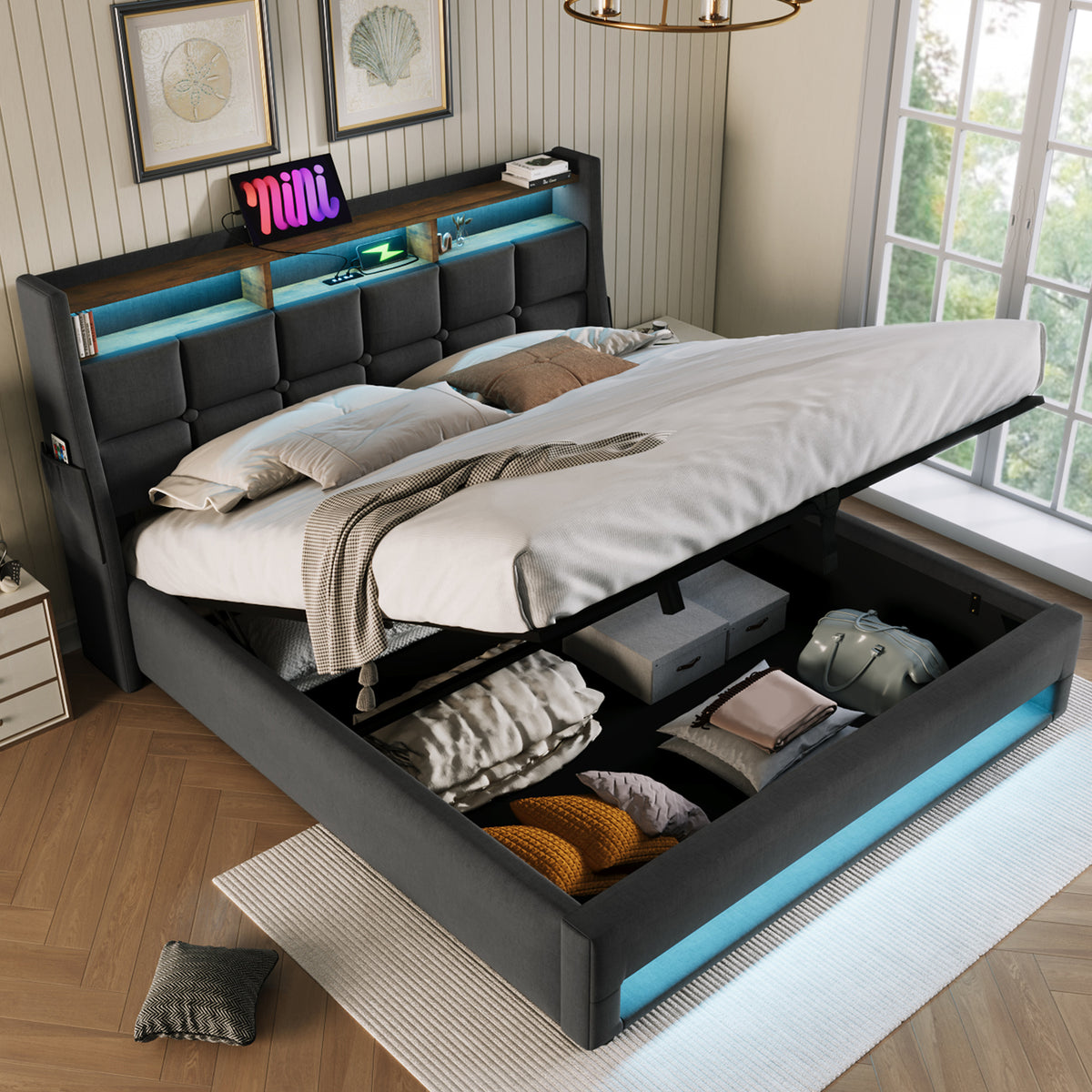 NYBOPAVIS Queen Size Upholstered Bed Frame with Lift Up Hydraulic Storage, USB Charging & LED Lighting, Wooden Platform Bed, Grey
