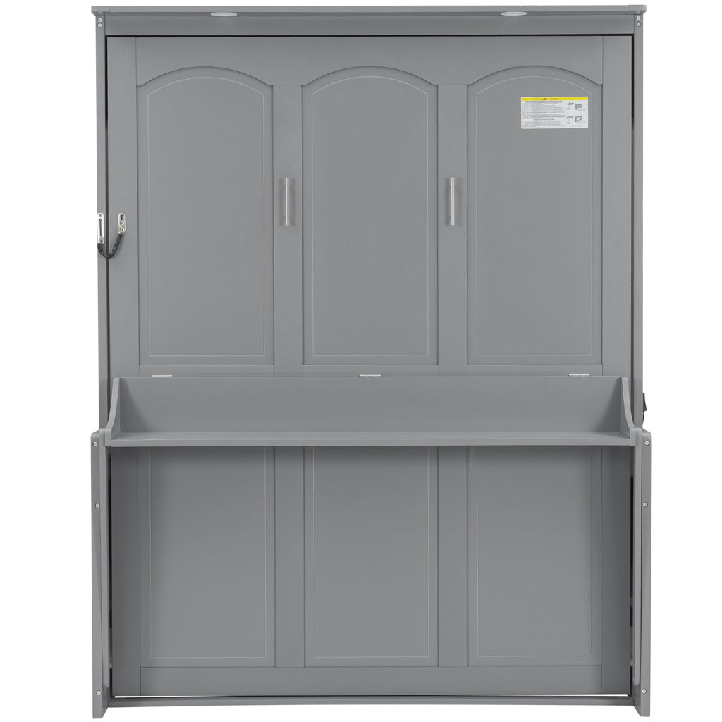 Queen Size Murphy Bed with Desk,LED Lights and USB Charging Station,Gray