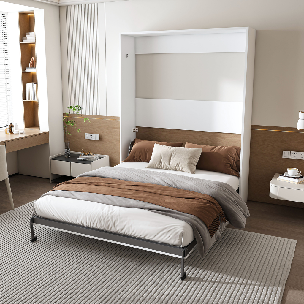 NYBOPAVIS Queen Murphy bed, 65-inch foldable wall bed with metal bed frame, solid wood support slats Multifunctional Storage Cabinet Bed for Bedroom, Guest Room, Office,White