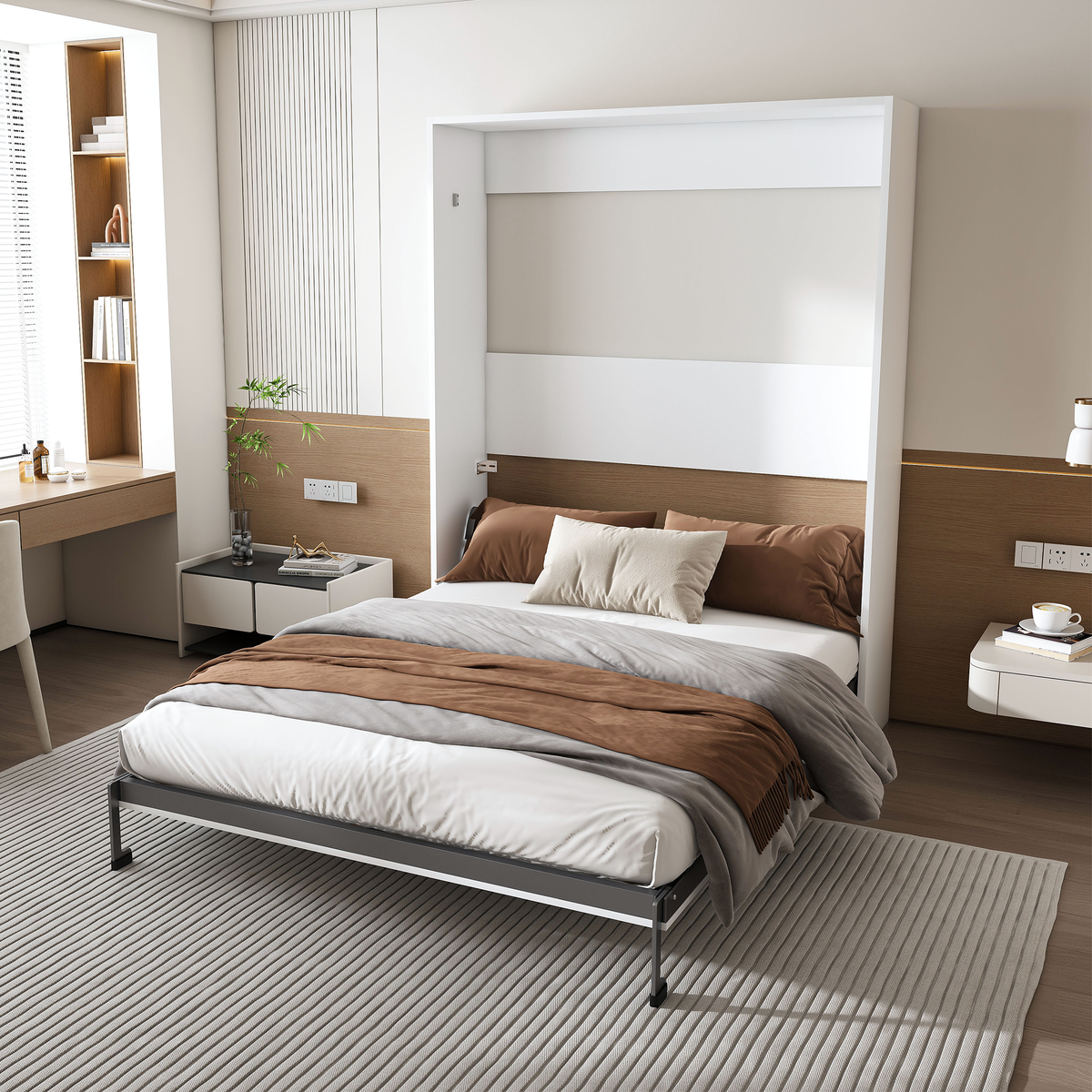 NYBOPAVIS Queen Murphy bed, 65-inch foldable wall bed with metal bed frame, solid wood support slats Multifunctional Storage Cabinet Bed for Bedroom, Guest Room, Office,White