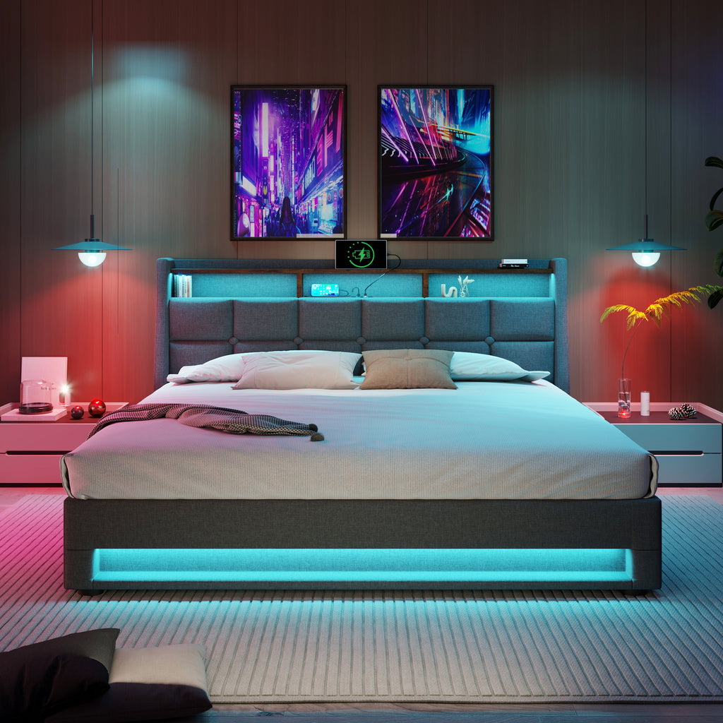 NYBOPAVIS Queen Size Upholstered Bed Frame with Lift Up Hydraulic Storage, USB Charging & LED Lighting, Wooden Platform Bed, Grey