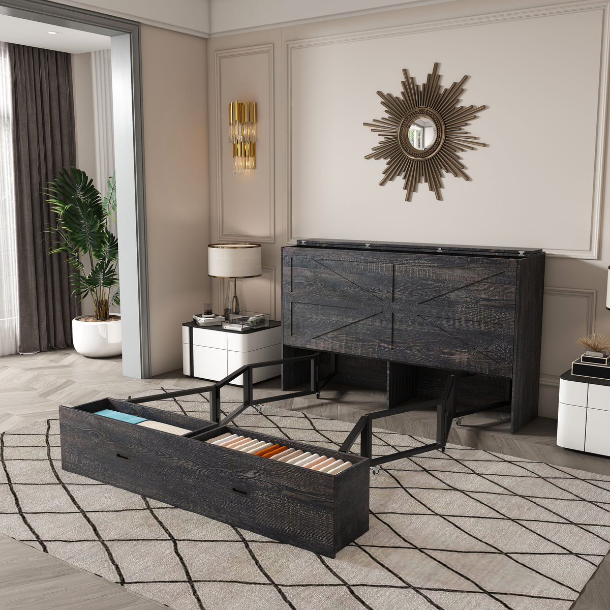 NYBOPAVIS Full Size Murphy Wall Bed with Drawer, USB Ports and Mattress, Folding Storage Wall Bed Furniture with Swivel Casters for Bedroom, Office, Guest Room, Carbon Black