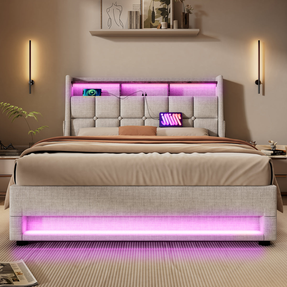 NYBOPAVIS Full Size Upholstered Bed Frame with Lift Up Hydraulic Storage, USB Charging & LED Lighting, Wooden Platform Bed, Natural