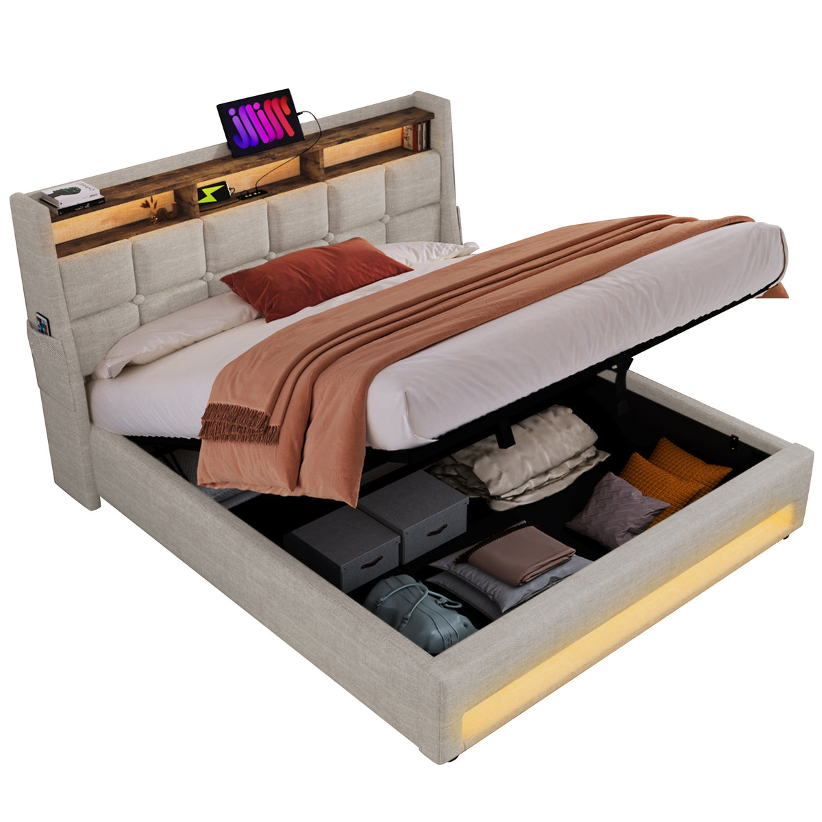 NYBOPAVIS Full Size Upholstered Bed Frame with Lift Up Hydraulic Storage, USB Charging & LED Lighting, Wooden Platform Bed, Natural