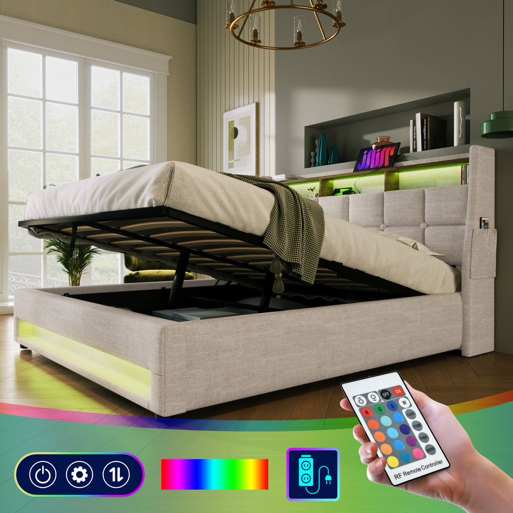 NYBOPAVIS Full Size Upholstered Bed Frame with Lift Up Hydraulic Storage, USB Charging & LED Lighting, Wooden Platform Bed, Natural