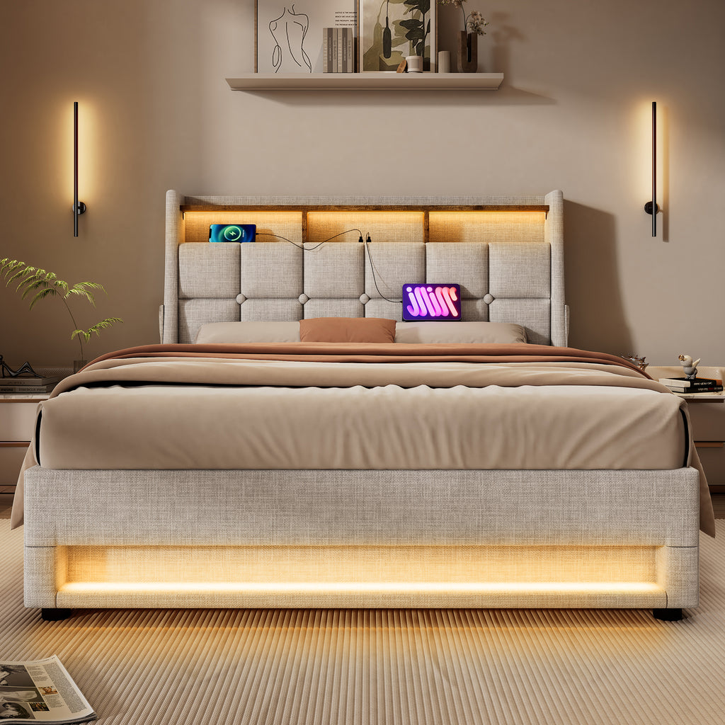 NYBOPAVIS Queen Size Upholstered Bed Frame with Lift Up Hydraulic Storage, USB Charging & LED Lighting, Wooden Platform Bed, Natural