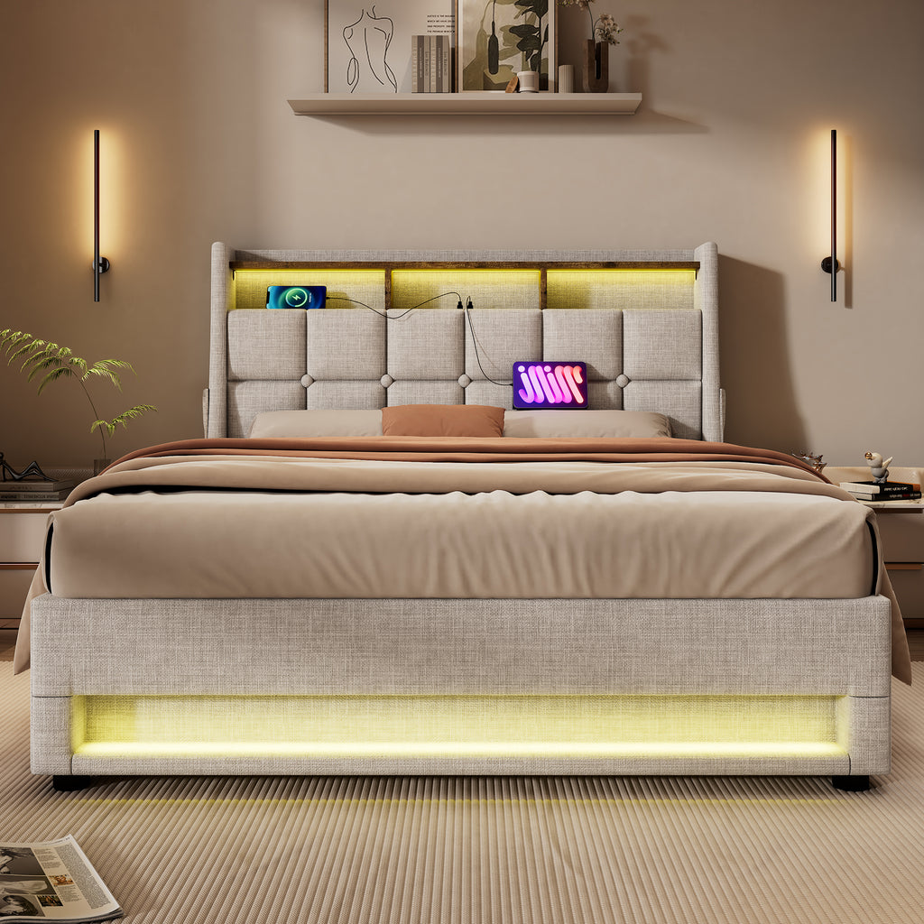 NYBOPAVIS Queen Size Upholstered Bed Frame with Lift Up Hydraulic Storage, USB Charging & LED Lighting, Wooden Platform Bed, Natural