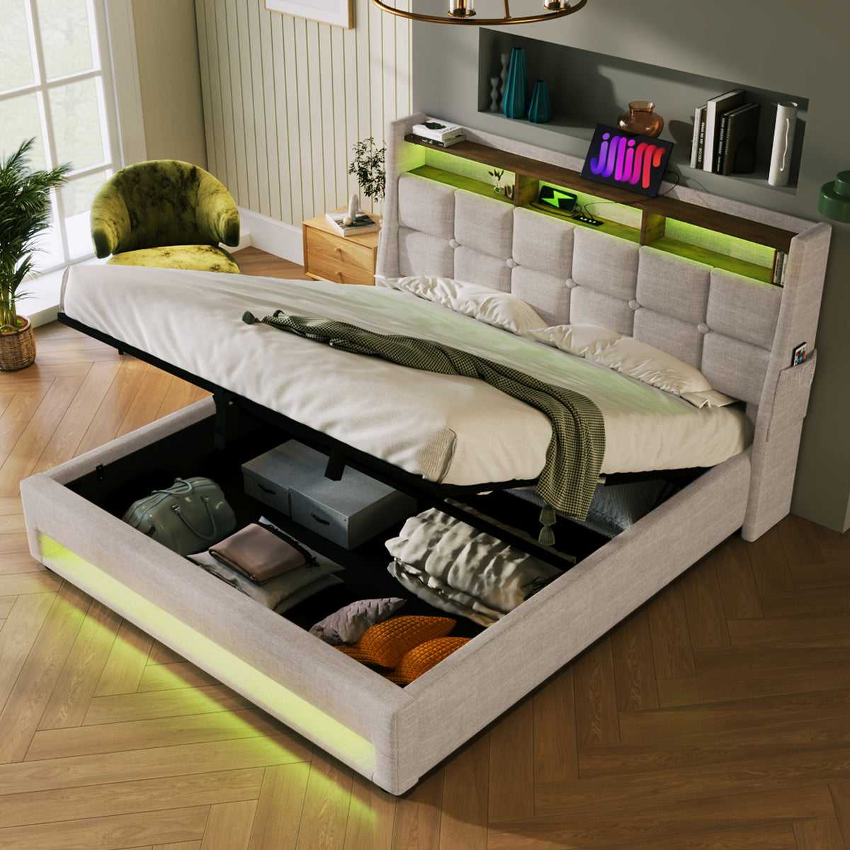 NYBOPAVIS Full Size Upholstered Bed Frame with Lift Up Hydraulic Storage, USB Charging & LED Lighting, Wooden Platform Bed, Natural