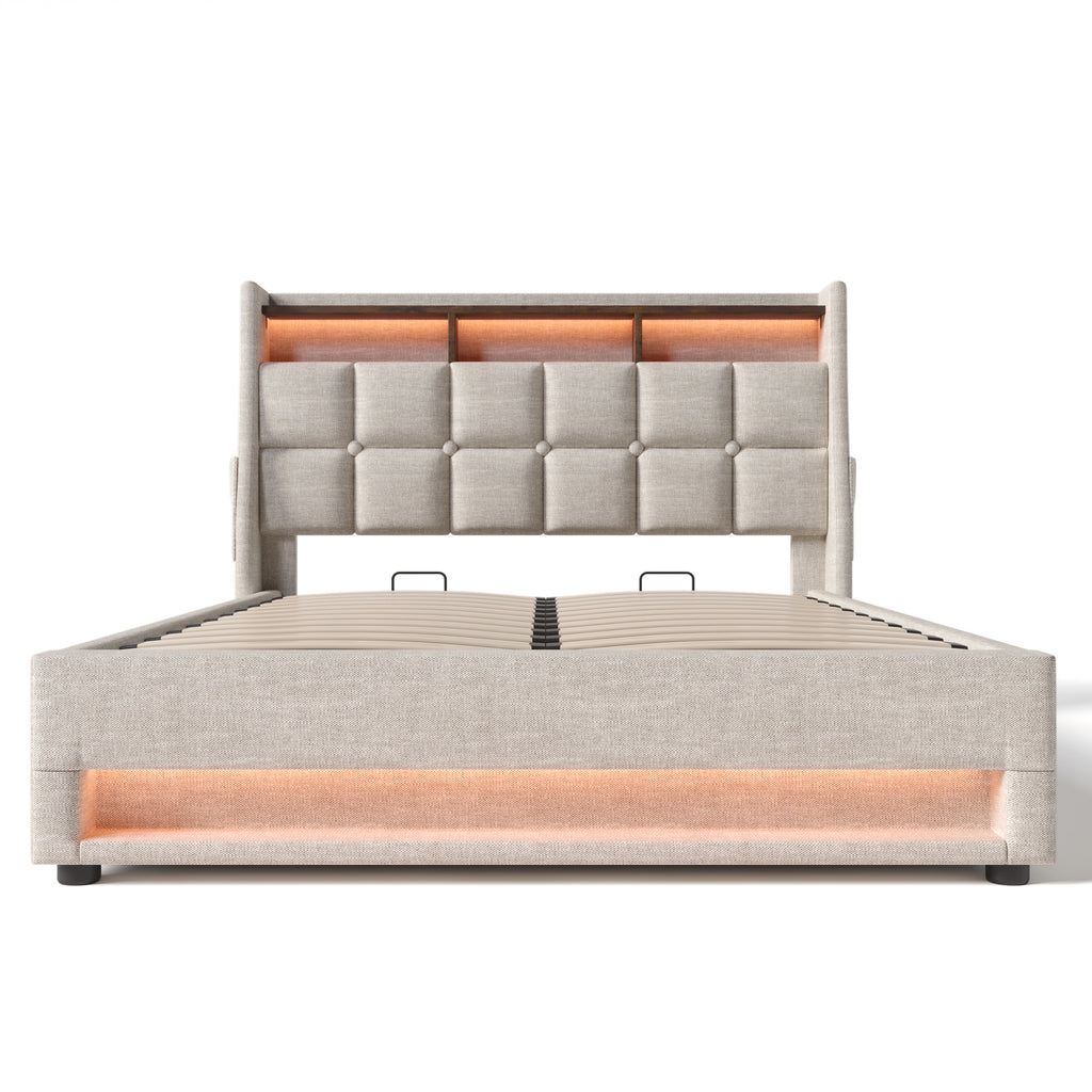 NYBOPAVIS Queen Size Upholstered Bed Frame with Lift Up Hydraulic Storage, USB Charging & LED Lighting, Wooden Platform Bed, Natural