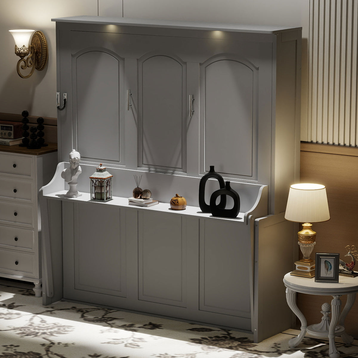 Queen Size Murphy Bed with Desk,LED Lights and USB Charging Station,Gray