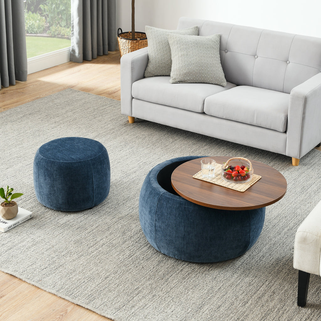 Round Storage Ottoman, 2 in 1 Function, Work as End table and Ottoman,with small seat,Dark blue