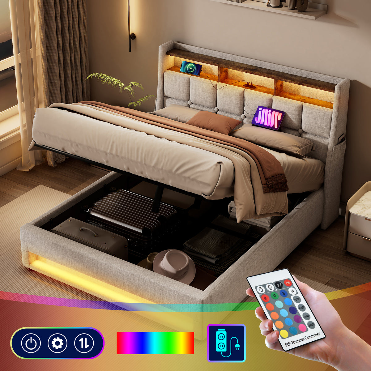 NYBOPAVIS Full Size Upholstered Bed Frame with Lift Up Hydraulic Storage, USB Charging & LED Lighting, Wooden Platform Bed, Natural