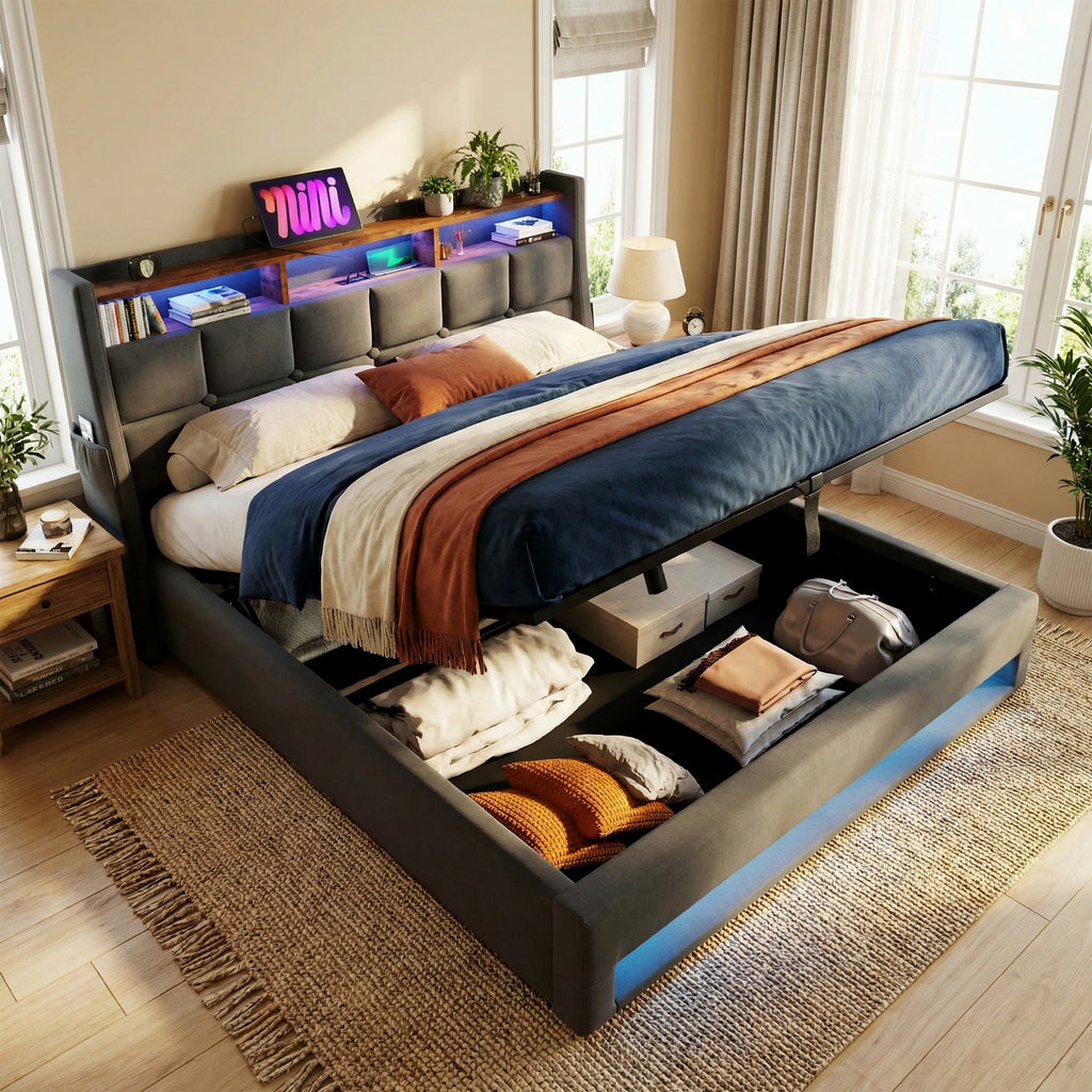 NYBOPAVIS Queen Size Upholstered Bed Frame with Lift Up Hydraulic Storage, USB Charging & LED Lighting, Wooden Platform Bed, Grey