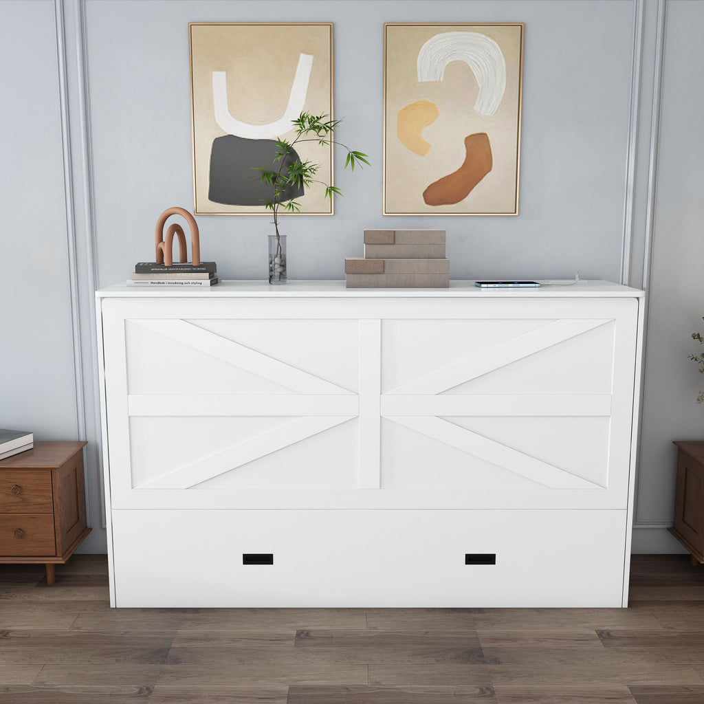 NYBOPAVIS Full Size Murphy Wall Bed with Drawer, USB Ports and Mattress, Folding Storage Wall Bed Furniture with Swivel Casters for Bedroom, Office, Guest Room, White
