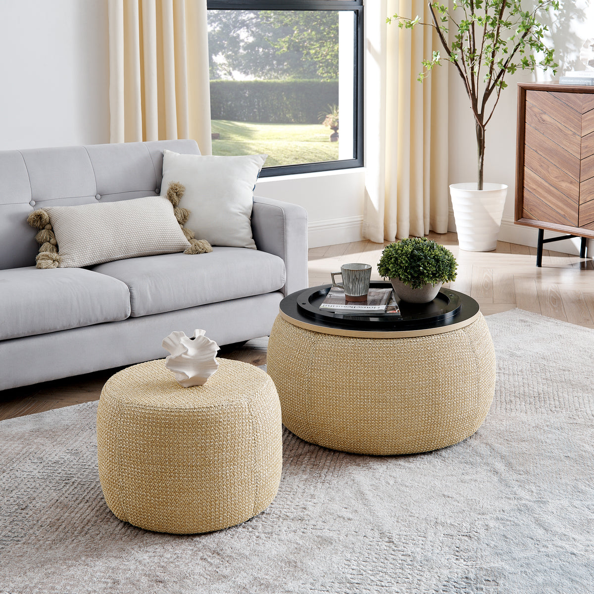 Round Storage Ottoman, 2 in 1 Function, Work as End table and Ottoman,with small seat,Natural
