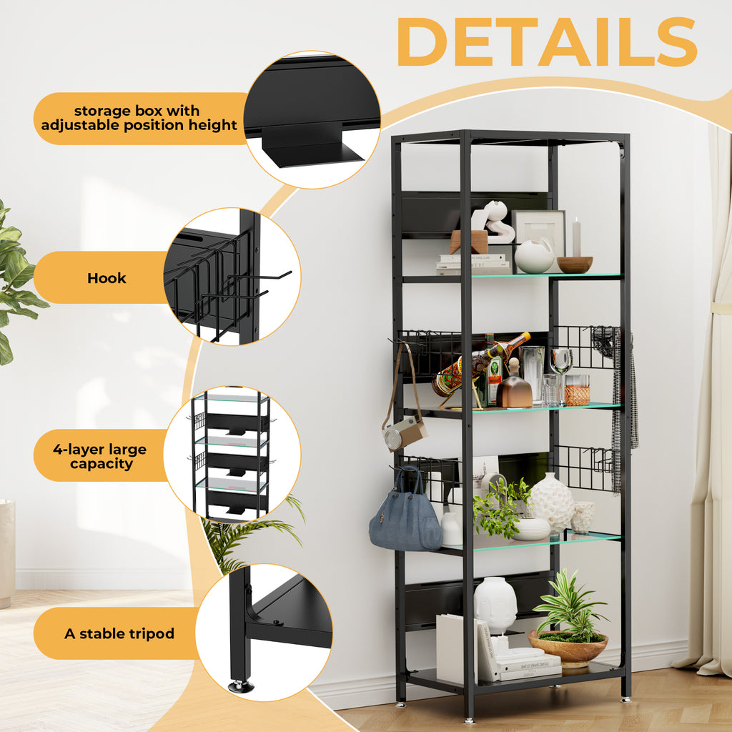 NYBOPAVIS Glass Display Shelf with LED Lights & Adjustable Storage Box & Hooks, 4-Tier Curio Cabinet for Collectibles, Plants, Books, Living Room, Bedroom, Office