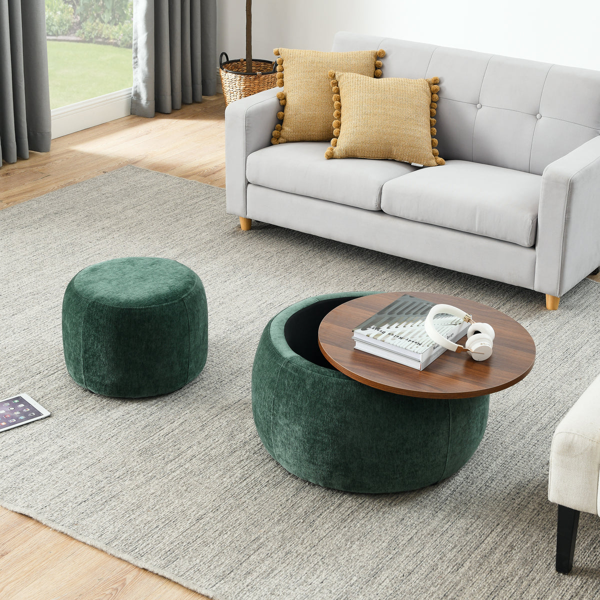 Round Storage Ottoman, 2 in 1 Function, Work as End table and Ottoman,with small seat,Green