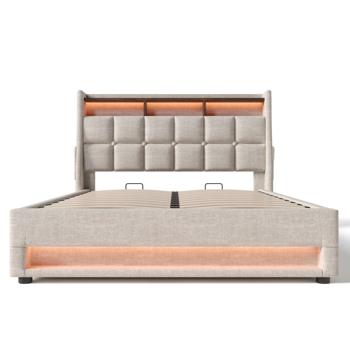 NYBOPAVIS Full Size Upholstered Bed Frame with Lift Up Hydraulic Storage, USB Charging & LED Lighting, Wooden Platform Bed, Natural