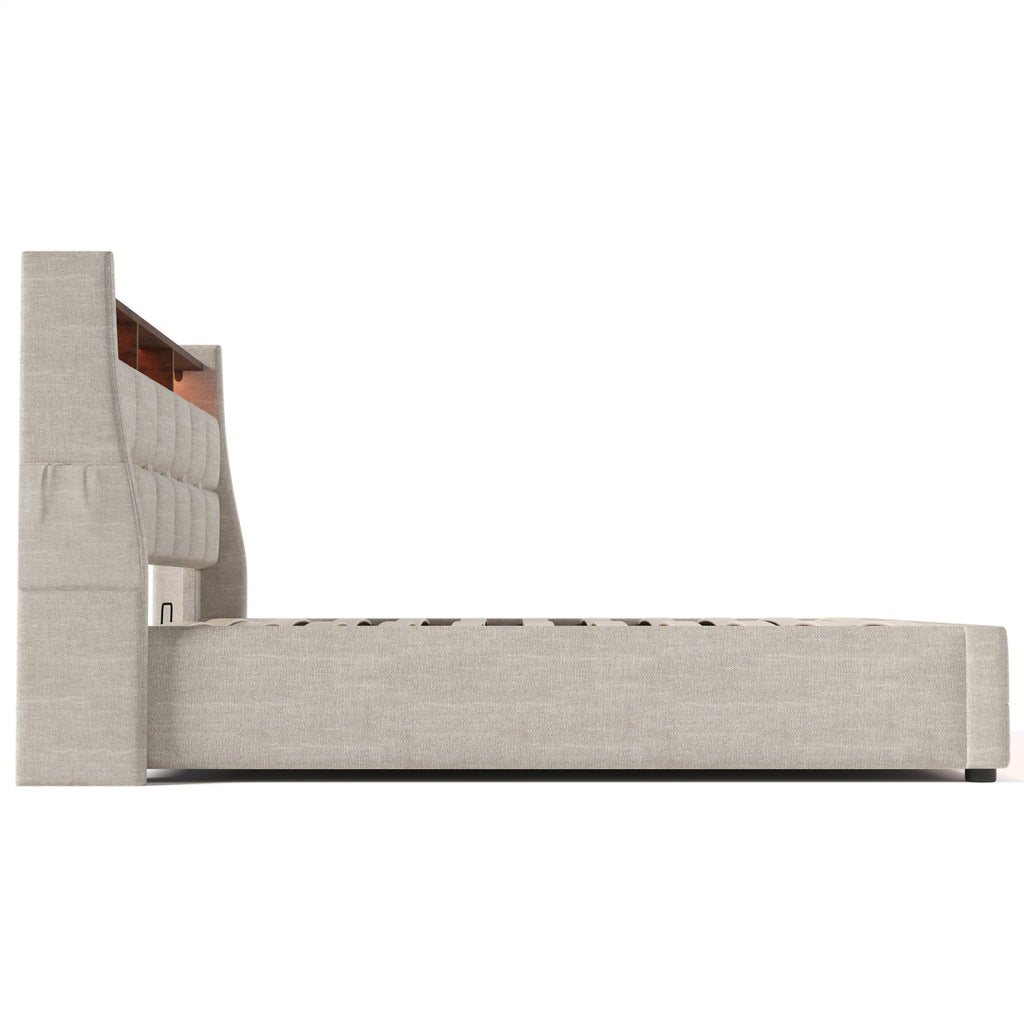 NYBOPAVIS Full Size Upholstered Bed Frame with Lift Up Hydraulic Storage, USB Charging & LED Lighting, Wooden Platform Bed, Natural