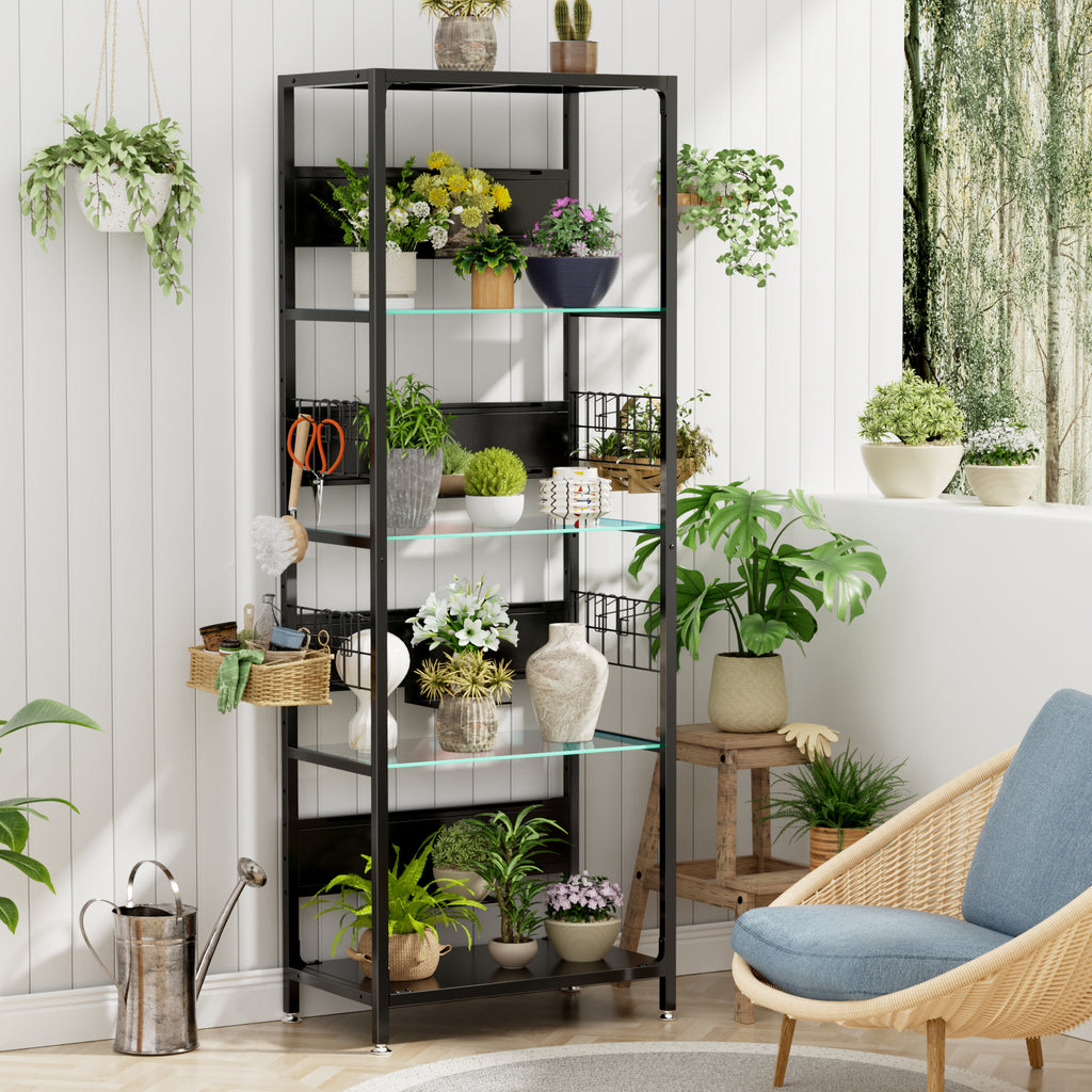 NYBOPAVIS Glass Display Shelf with LED Lights & Adjustable Storage Box & Hooks, 4-Tier Curio Cabinet for Collectibles, Plants, Books, Living Room, Bedroom, Office