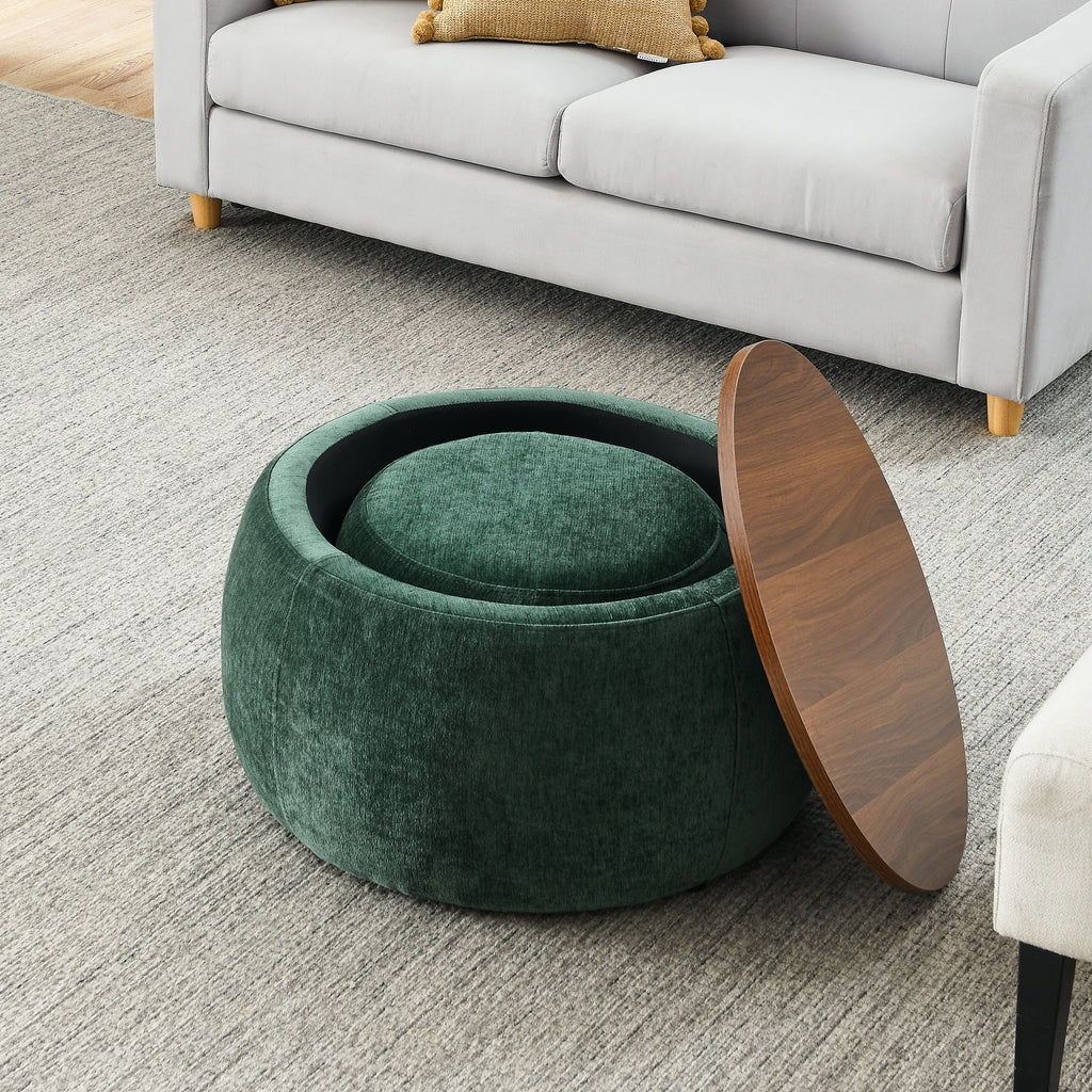 Round Storage Ottoman, 2 in 1 Function, Work as End table and Ottoman,with small seat,Green