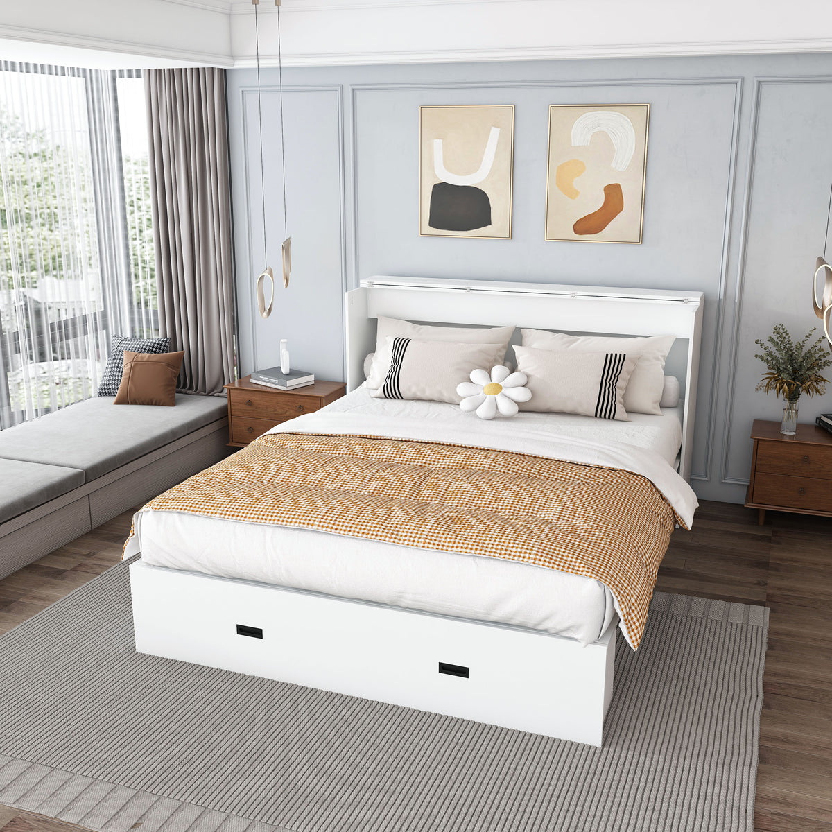 NYBOPAVIS Full Size Murphy Wall Bed with Drawer, USB Ports and Mattress, Folding Storage Wall Bed Furniture with Swivel Casters for Bedroom, Office, Guest Room, White