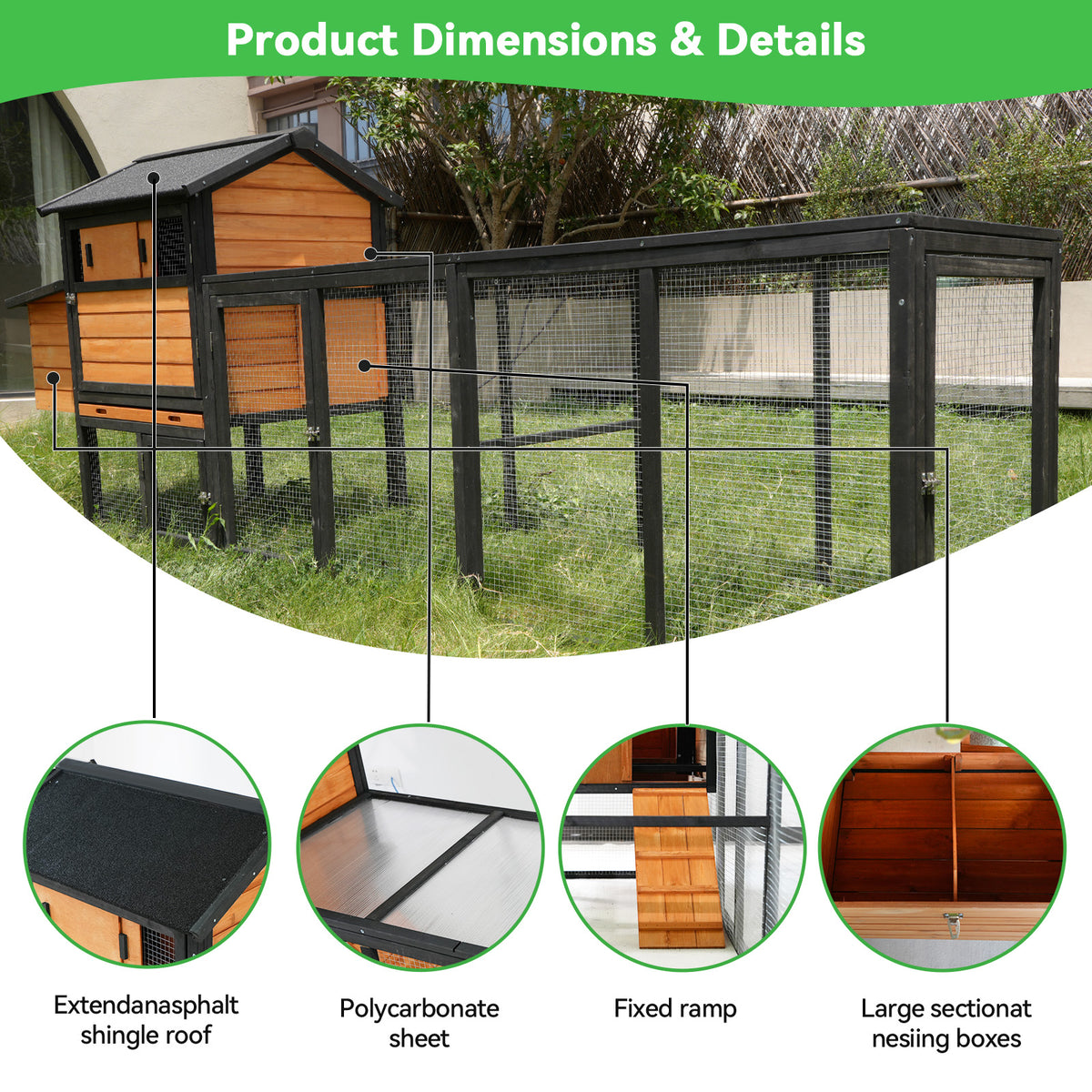 Wooden Chicken Coop, Large Outdoor Hen House with Run and Nesting Box Poultry Cage, Rabbit Hutch, Waterproof Anti-UV Panel for Backyard Black