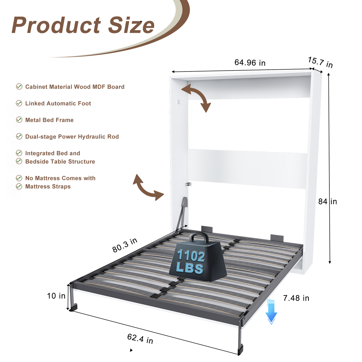 NYBOPAVIS Queen Murphy bed, 65-inch foldable wall bed with metal bed frame, solid wood support slats Multifunctional Storage Cabinet Bed for Bedroom, Guest Room, Office,White