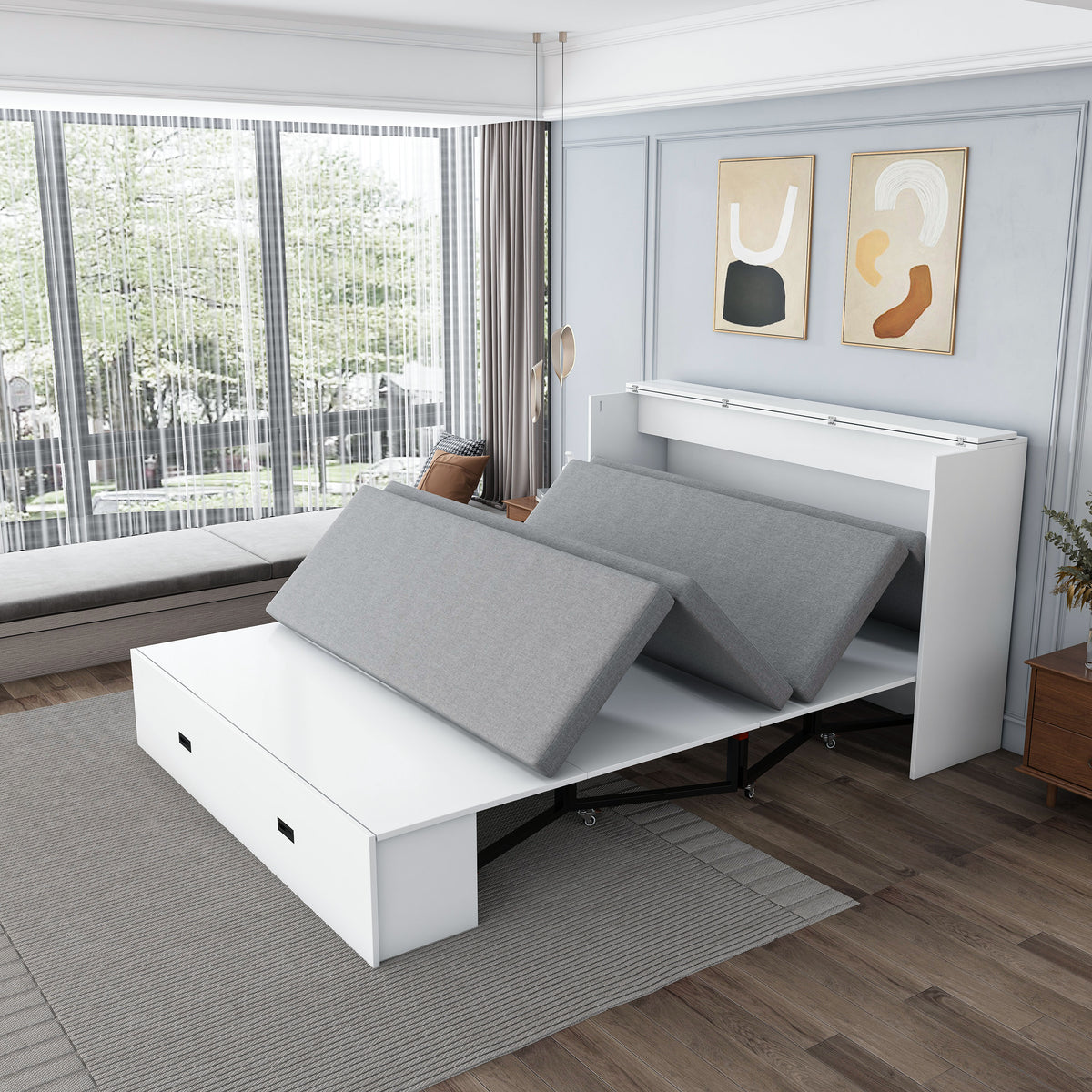 NYBOPAVIS Full Size Murphy Wall Bed with Drawer, USB Ports and Mattress, Folding Storage Wall Bed Furniture with Swivel Casters for Bedroom, Office, Guest Room, White
