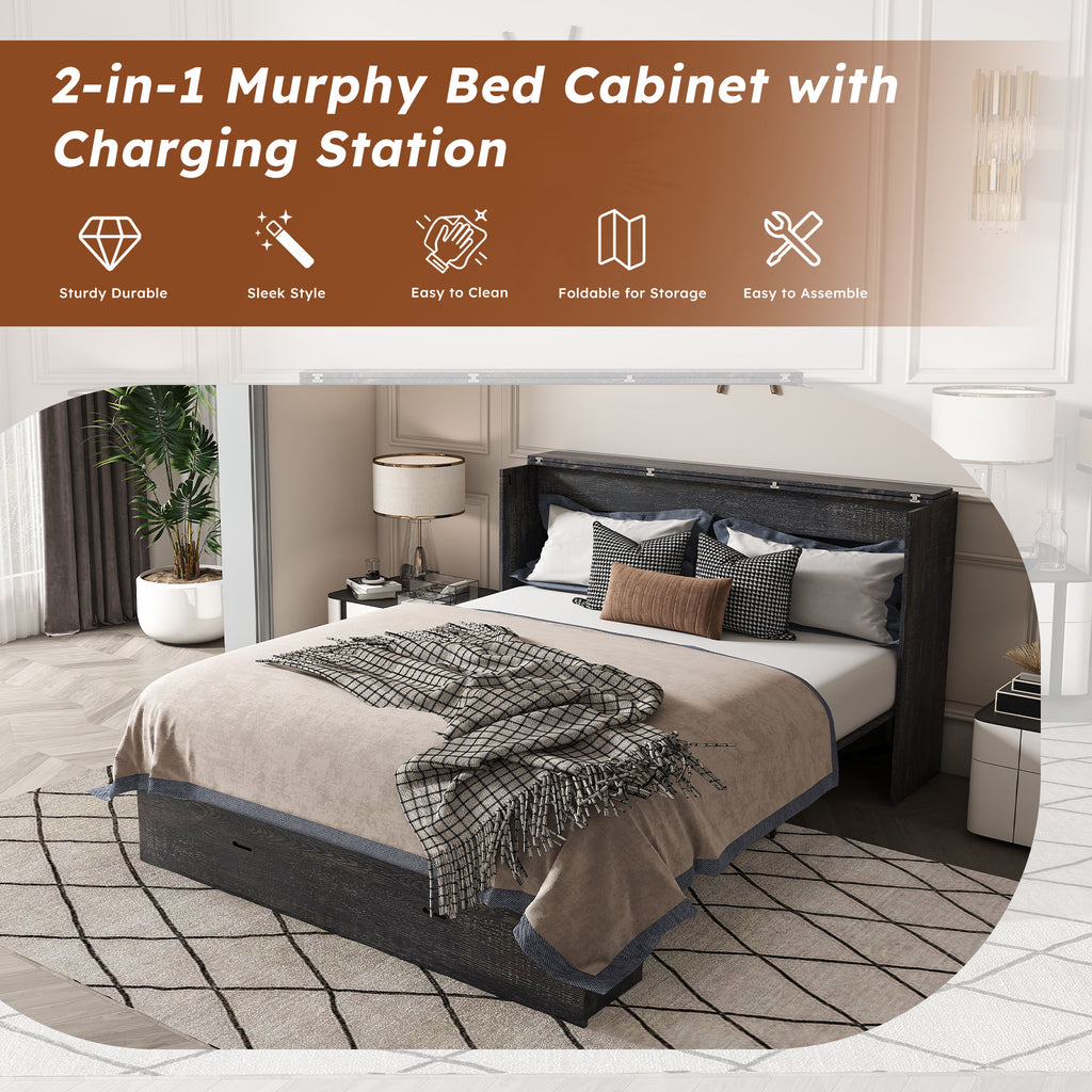 NYBOPAVIS Full Size Murphy Wall Bed with Drawer, USB Ports and Mattress, Folding Storage Wall Bed Furniture with Swivel Casters for Bedroom, Office, Guest Room, Carbon Black
