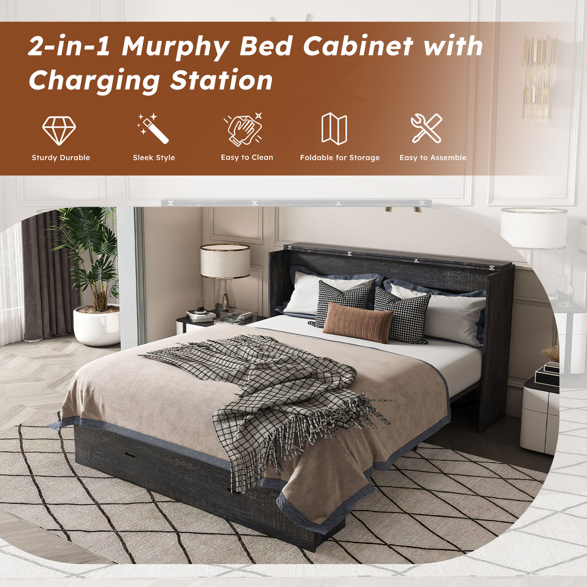 NYBOPAVIS Full Size Murphy Wall Bed with Drawer, USB Ports and Mattress, Folding Storage Wall Bed Furniture with Swivel Casters for Bedroom, Office, Guest Room, Carbon Black