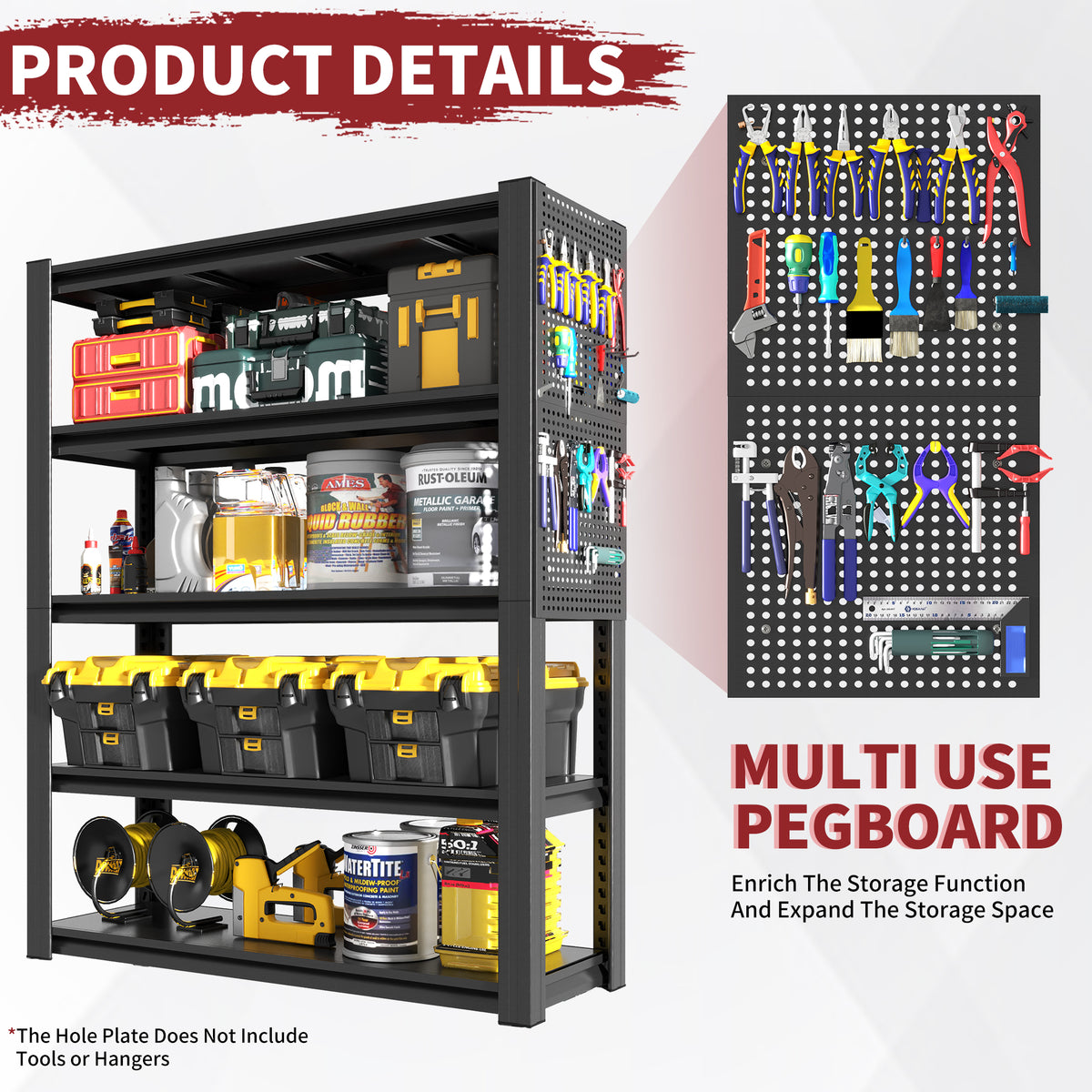 NYBOPAVIS 72"H Heavy Duty Shelving with Pegboard & Adjustable Rack,5-Tier Industrial Metal Shelving Unit for Garages, Warehouses,Offices, Bedrooms,23.6"D x 47.2"W x 72"H