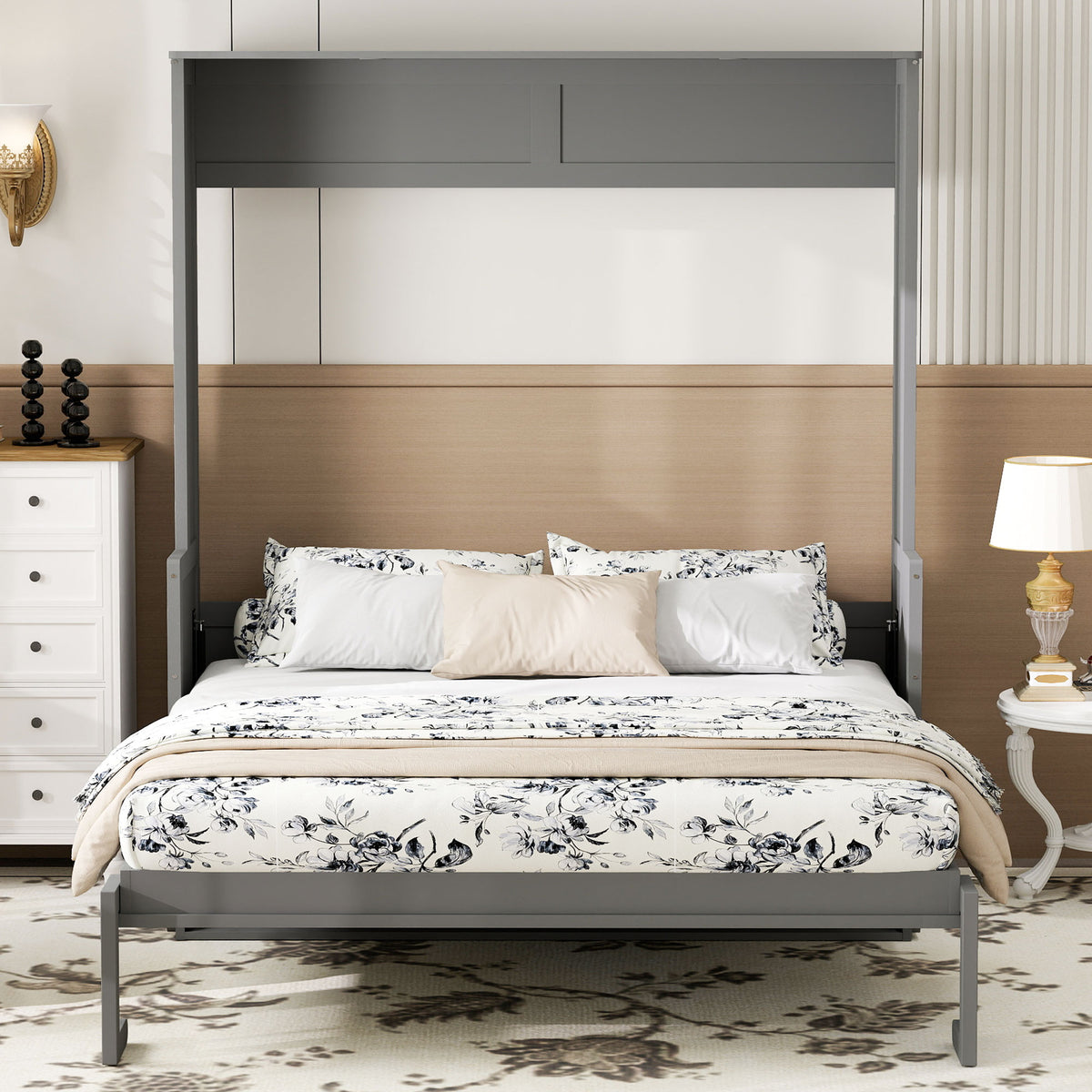 Queen Size Murphy Bed with Desk,LED Lights and USB Charging Station,Gray