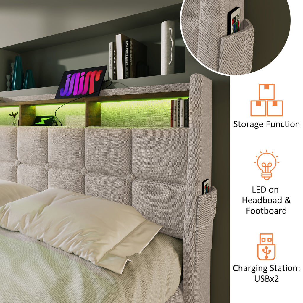NYBOPAVIS Full Size Upholstered Bed Frame with Lift Up Hydraulic Storage, USB Charging & LED Lighting, Wooden Platform Bed, Natural