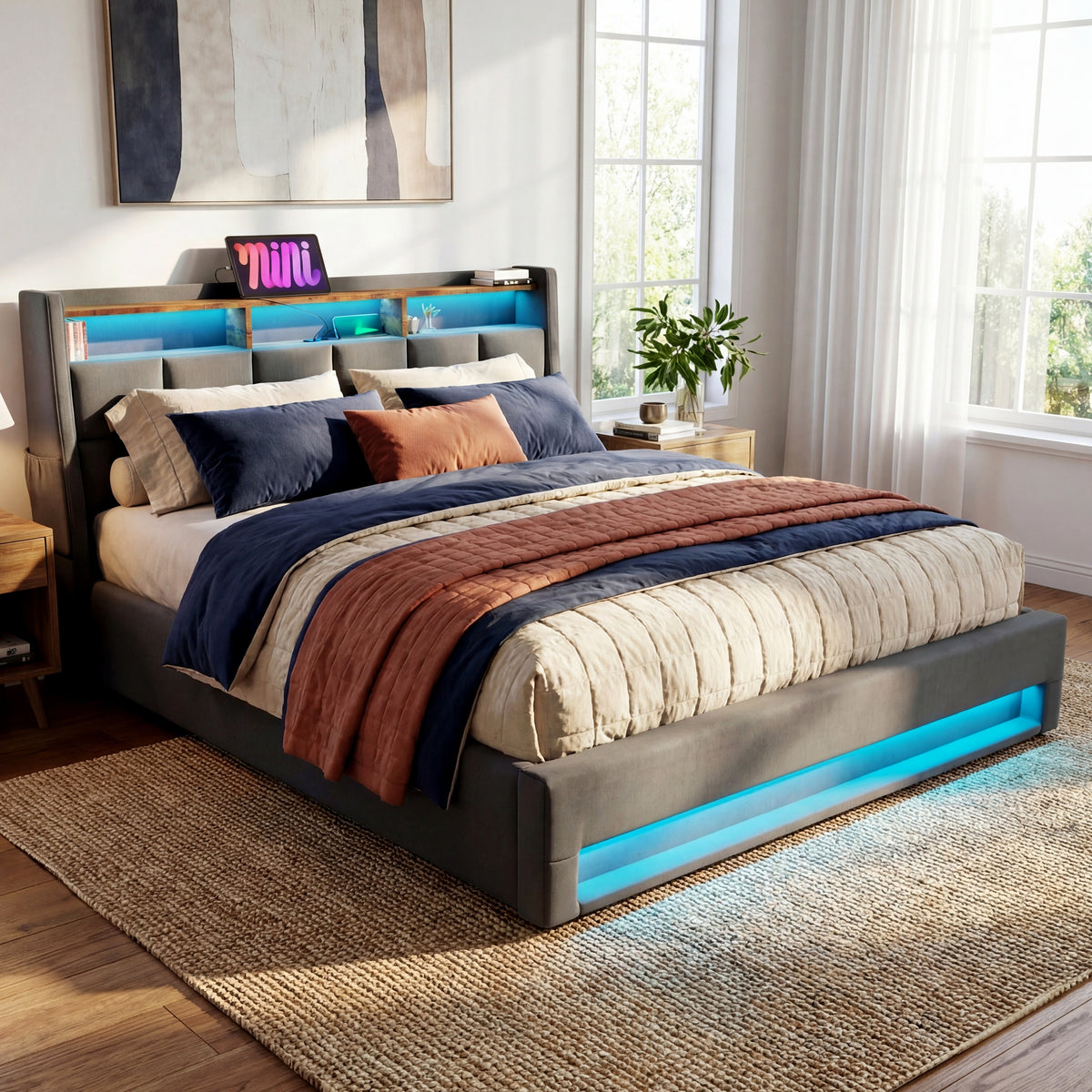 NYBOPAVIS Queen Size Upholstered Bed Frame with Lift Up Hydraulic Storage, USB Charging & LED Lighting, Wooden Platform Bed, Grey