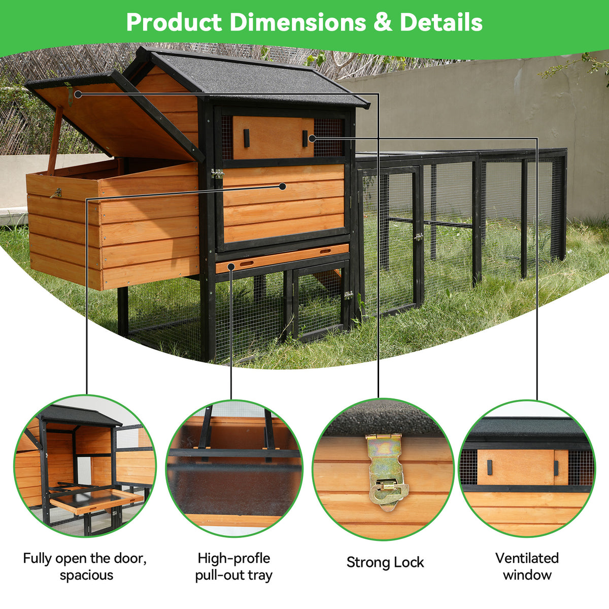 Wooden Chicken Coop, Large Outdoor Hen House with Run and Nesting Box Poultry Cage, Rabbit Hutch, Waterproof Anti-UV Panel for Backyard Black