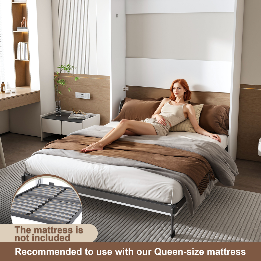 NYBOPAVIS Queen Murphy bed, 65-inch foldable wall bed with metal bed frame, solid wood support slats Multifunctional Storage Cabinet Bed for Bedroom, Guest Room, Office,White