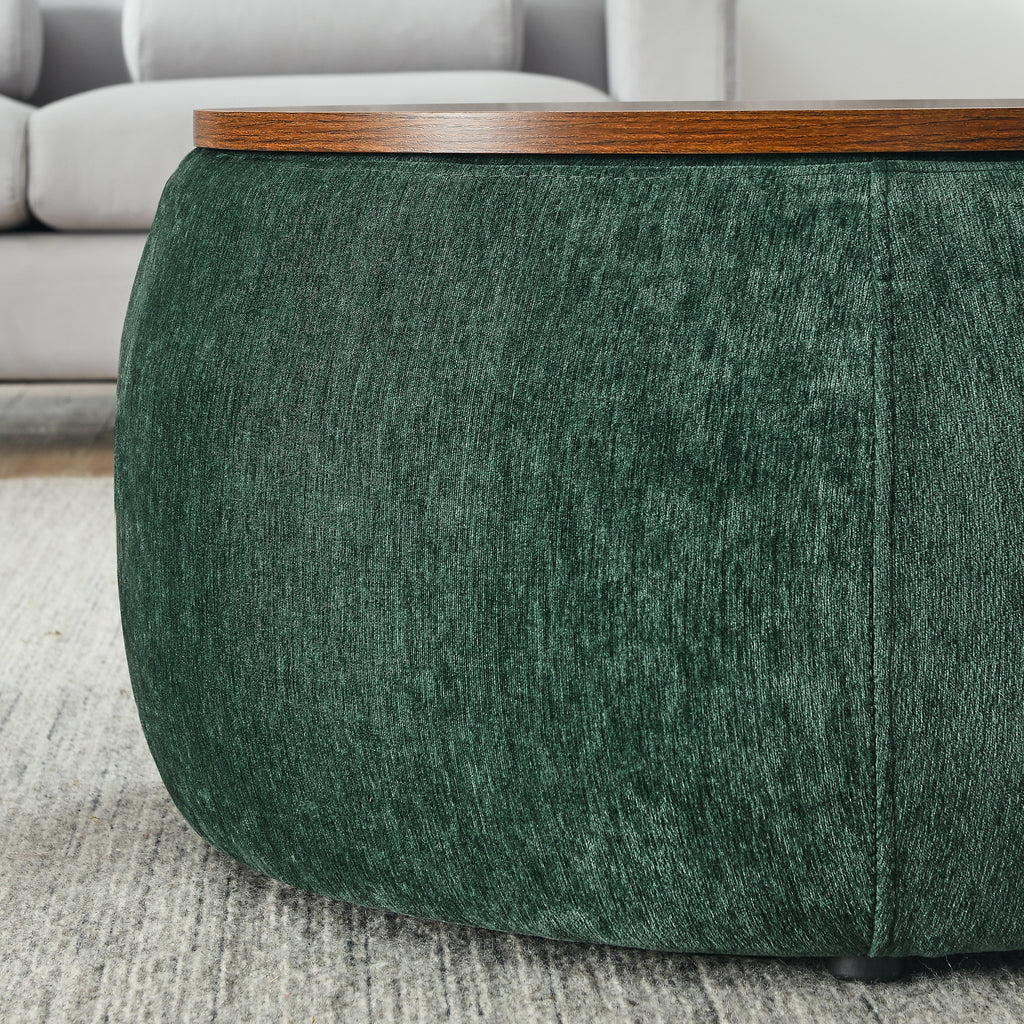 Round Storage Ottoman, 2 in 1 Function, Work as End table and Ottoman,with small seat,Green