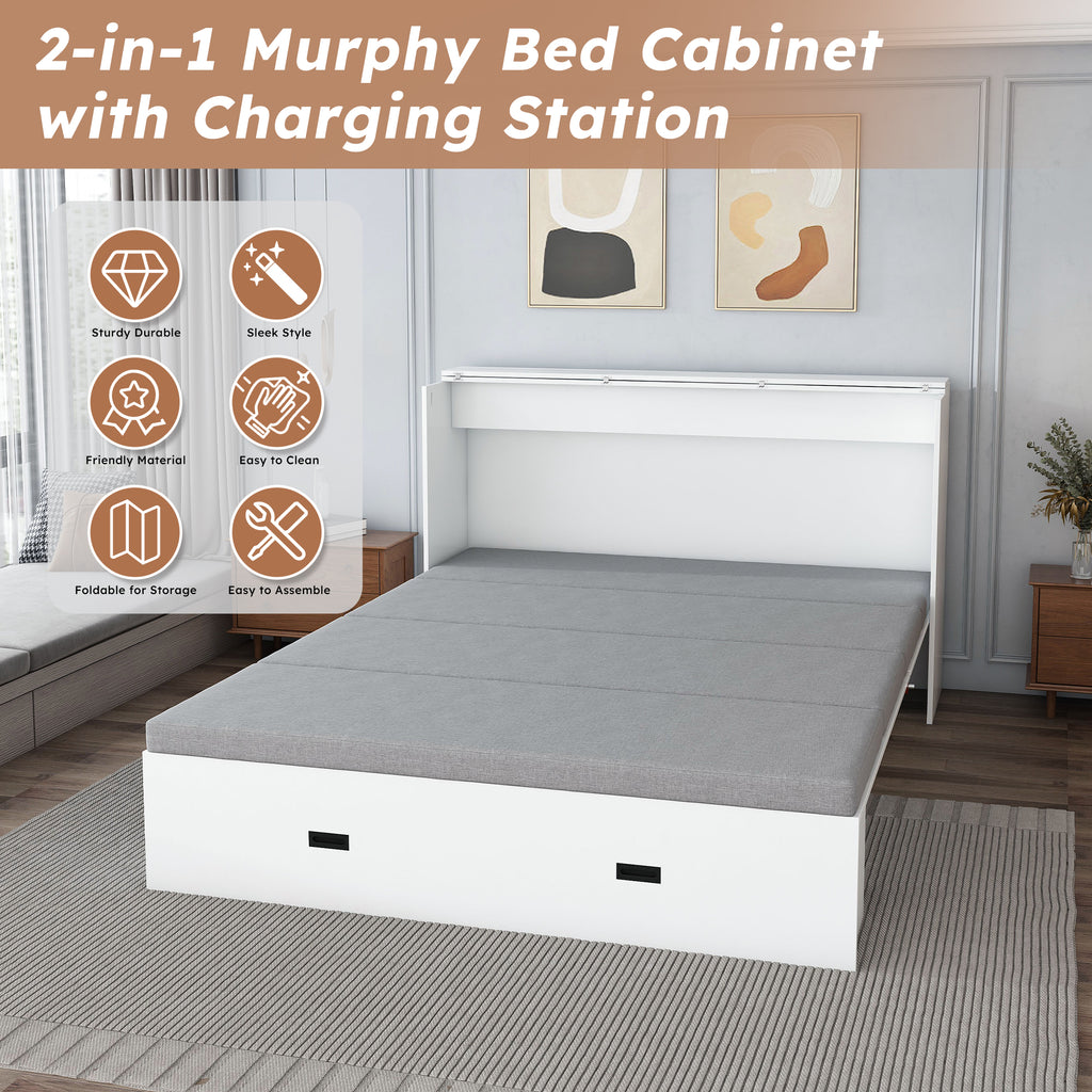 NYBOPAVIS Full Size Murphy Wall Bed with Drawer, USB Ports and Mattress, Folding Storage Wall Bed Furniture with Swivel Casters for Bedroom, Office, Guest Room, White