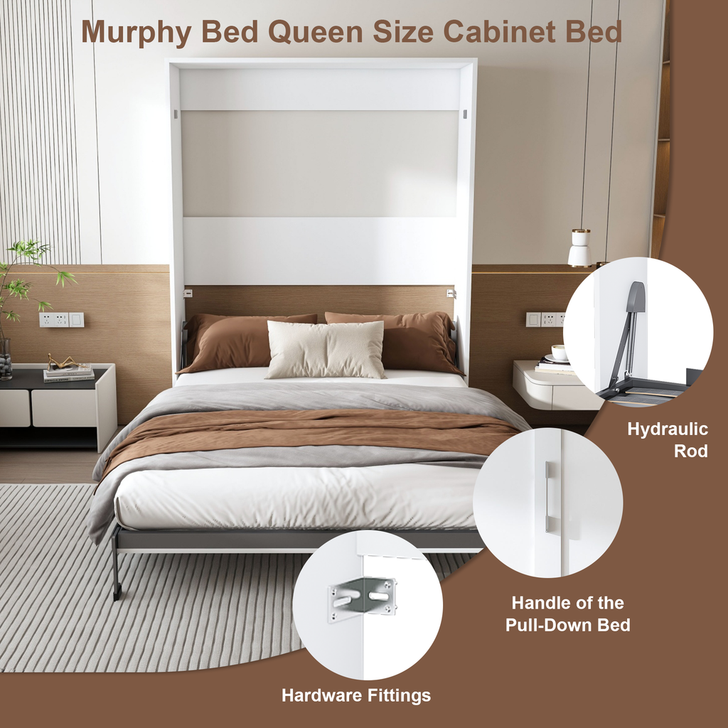 NYBOPAVIS Queen Murphy bed, 65-inch foldable wall bed with metal bed frame, solid wood support slats Multifunctional Storage Cabinet Bed for Bedroom, Guest Room, Office,White