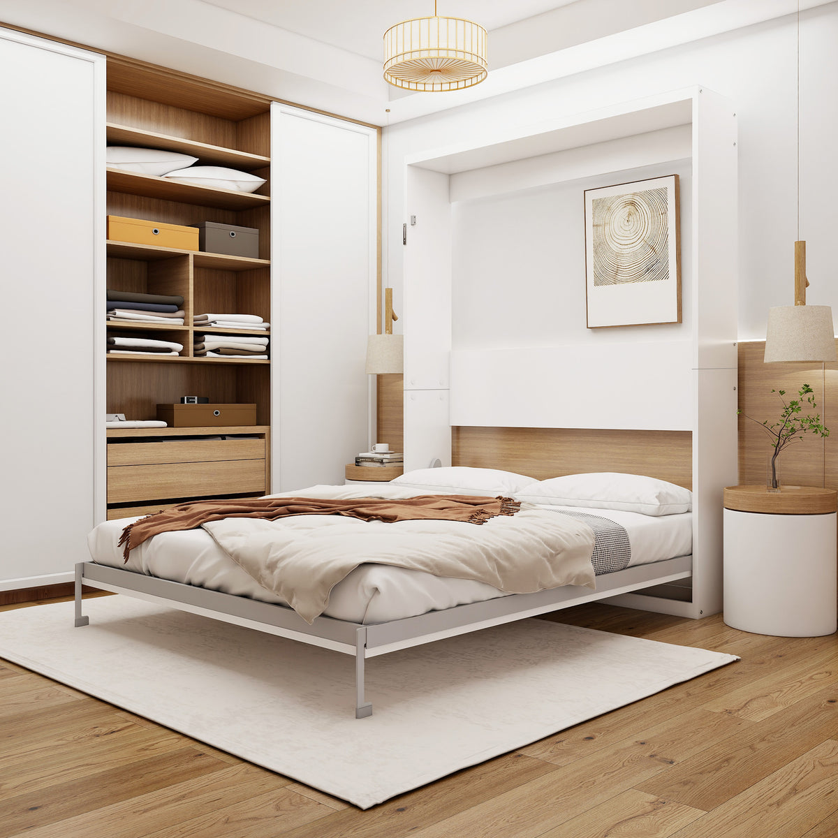 Queen Size Multifunctional Vertical Murphy Wall Bed With Grey Bed Frame Space-Saving Folding Wall Bed for Living Room, Guest Room, Home Office, White