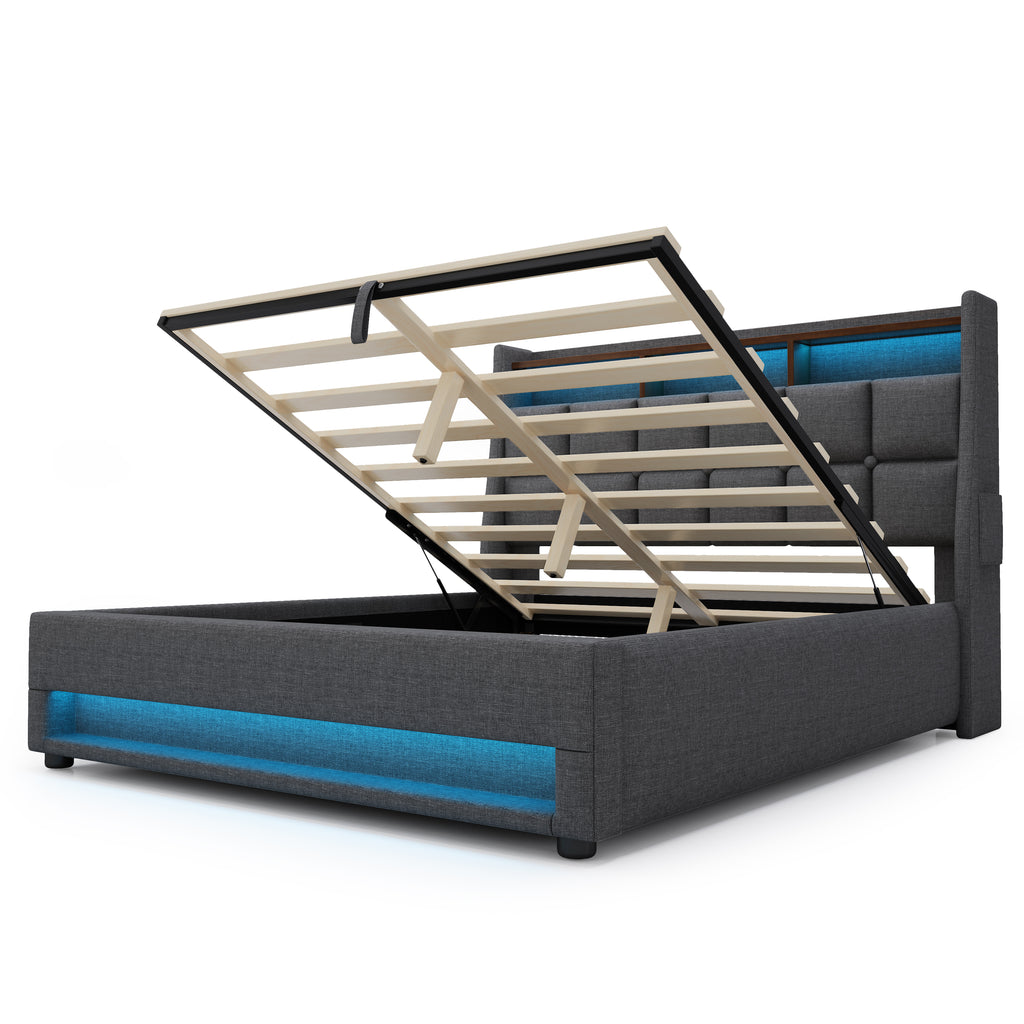 NYBOPAVIS Queen Size Upholstered Bed Frame with Lift Up Hydraulic Storage, USB Charging & LED Lighting, Wooden Platform Bed, Grey