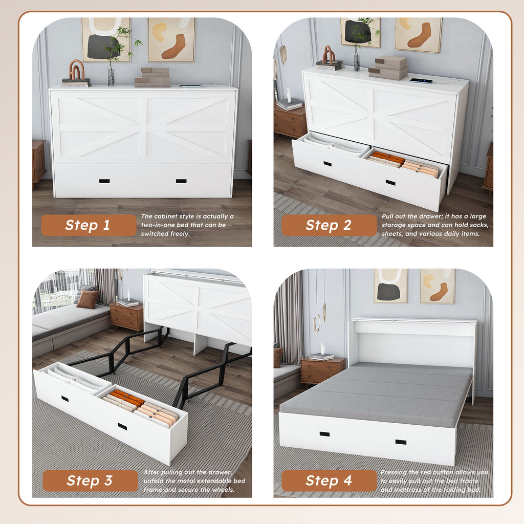 NYBOPAVIS Full Size Murphy Wall Bed with Drawer, USB Ports and Mattress, Folding Storage Wall Bed Furniture with Swivel Casters for Bedroom, Office, Guest Room, White