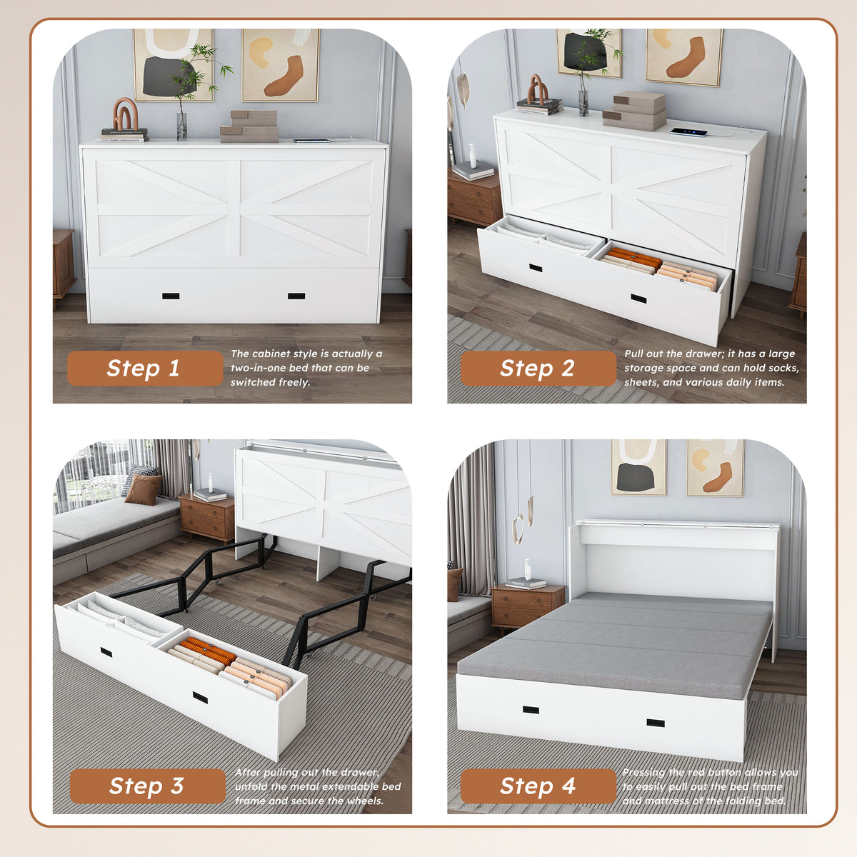 NYBOPAVIS Full Size Murphy Wall Bed with Drawer, USB Ports and Mattress, Folding Storage Wall Bed Furniture with Swivel Casters for Bedroom, Office, Guest Room, White