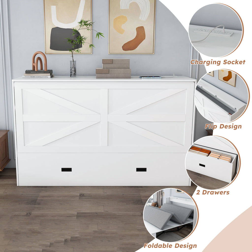 NYBOPAVIS Full Size Murphy Wall Bed with Drawer, USB Ports and Mattress, Folding Storage Wall Bed Furniture with Swivel Casters for Bedroom, Office, Guest Room, White