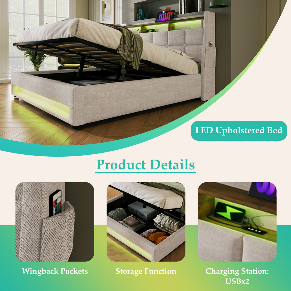 NYBOPAVIS Queen Size Upholstered Bed Frame with Lift Up Hydraulic Storage, USB Charging & LED Lighting, Wooden Platform Bed, Natural